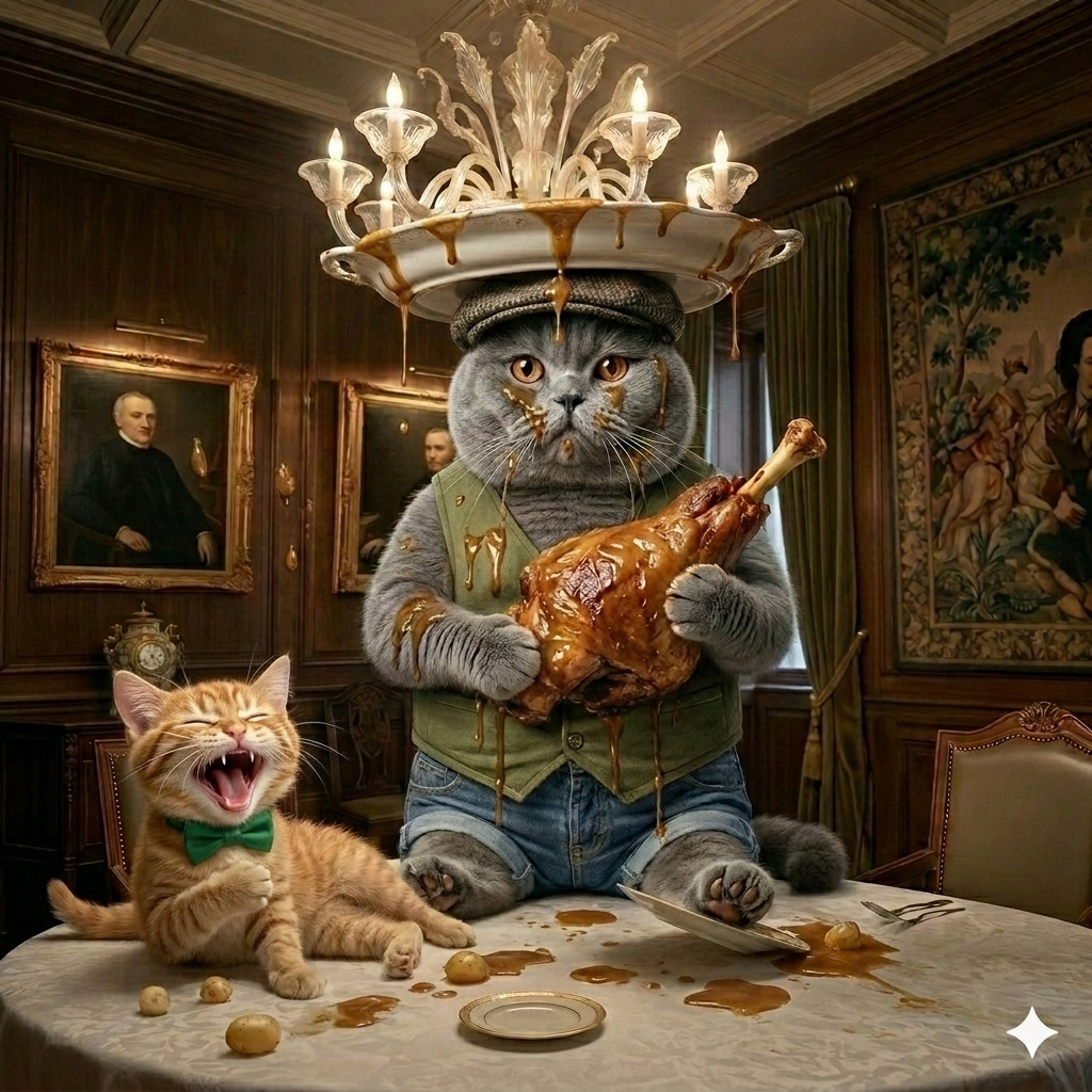 Lucie chatonne rousse riant devant le désordre du banquet
