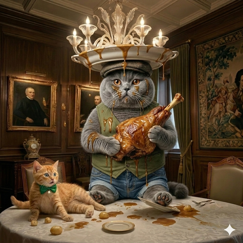 Barnabé chat British Shorthair avec plat de sauce sur la tête humour